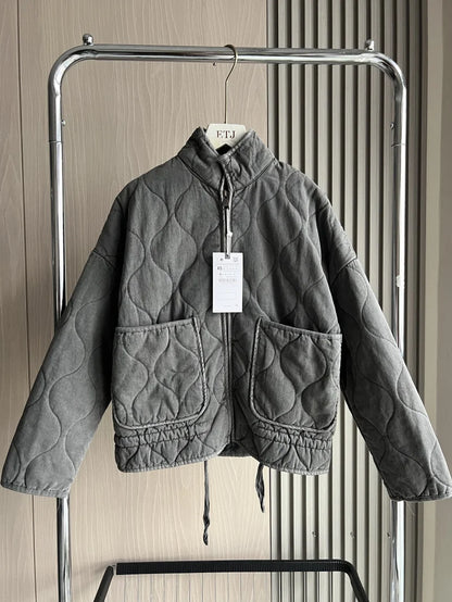 ZW Women's Cotton Jacket  2025 New Arrival Vintage Lenzing Rayon High Collar Large Pocket Decorative Quilted Coat for Women.