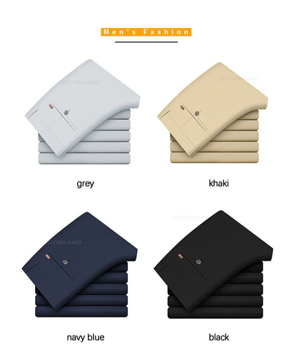 Bamboo Fiber Fabric Men's Casual Pants Summer New Ultra-thin Elastic Soft Straight Business Trousers Classic Black Khaki Gray.