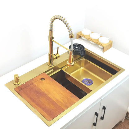 Gold Wasserfall Wasserhahn Küchenspüle Nano Waschbecken 304 Edelstahl Golden Topmount Single Bowl Waschbecken 4-Funktions-Küchenarmatur