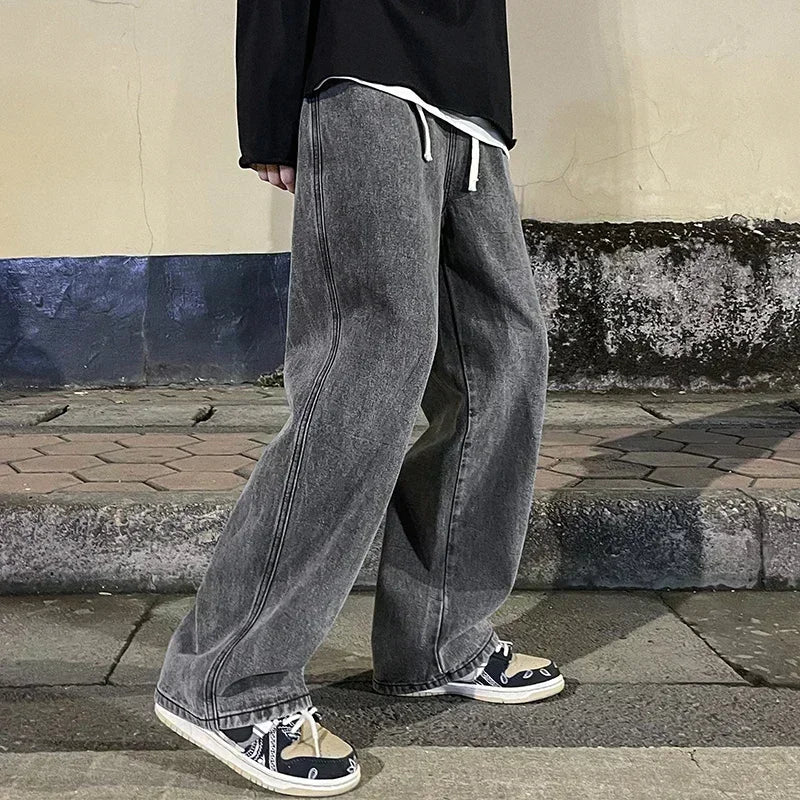 2024 New Streetwear Loose Jeans Men Korean Style Fashion Loose Straight Wide Leg Pants Men's Brand Clothing Black Light Blue.