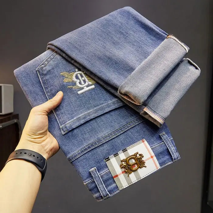 Men's Slim Straight Jeans Fashion Korean winter and Autumn Trousers Comfortable Elastic Blue Fitted Business Casual Denim Pants.