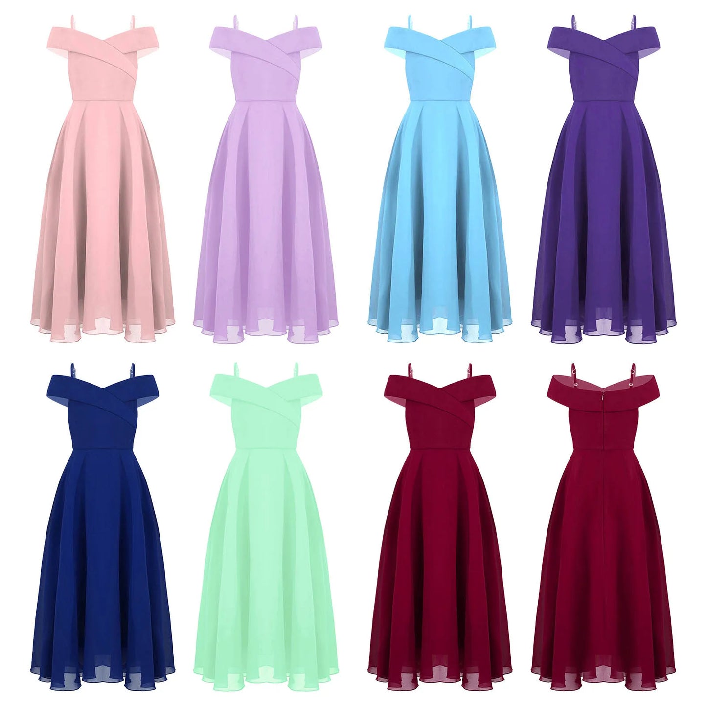 Elegantes Chiffon-Partykleid für Mädchen, schulterfrei, verstellbarer Spaghettiträger, bodenlanges Maxikleid für Hochzeit, Geburtstag, Abend.