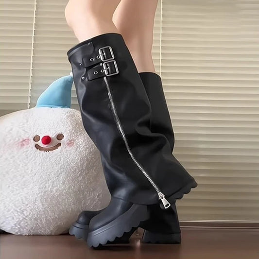 Punk Style Splicing Thick Bottom Women Knee-High Boots Fashion Zipper Female Pleated Knight Long Booties Shoes.