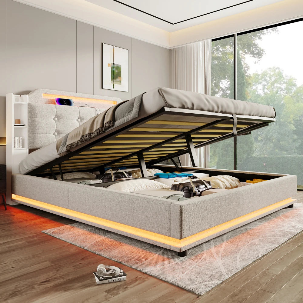 140*200cm Polsterbett mit LED-Lichtleiste und mehreren Ablagefächern, für Schlafzimmerwäsche, Beige (ohne Matratze)