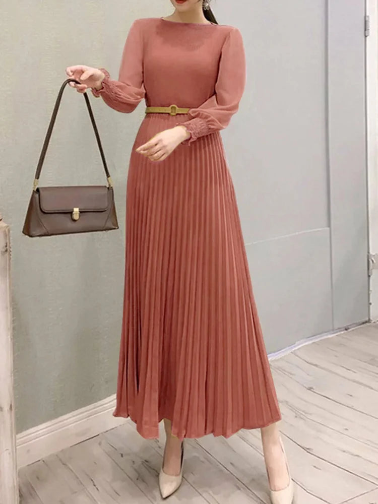 ZANZEA Elegantes Damen-Plisseekleid, edel, gesmokte Bündchen, langärmelig, O-Ausschnitt, Fit und Flare, lang, Vestidos, Pendeln, solide Party-Roben