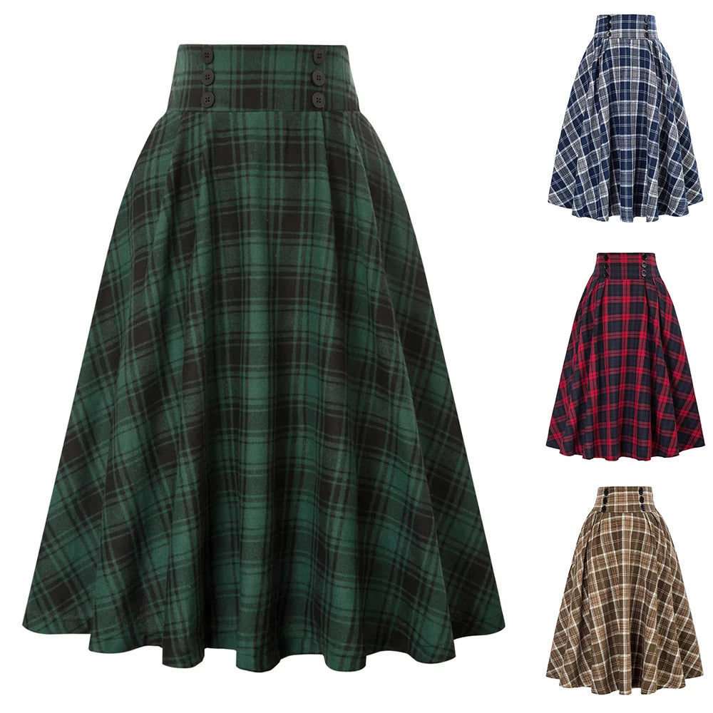 SISHION 2025 Autumn New A Line Swing Buttons Long Midi Vintage Skirt SS0037 Red Green High Waist Plaid Skirts for Women Jupe.
