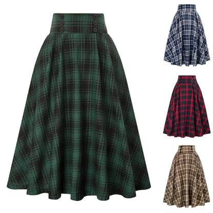 SISHION 2025 Autumn New A Line Swing Buttons Long Midi Vintage Skirt SS0037 Red Green High Waist Plaid Skirts for Women Jupe.