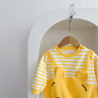 Cartoon gelber Bär gestreifter Body Frühling Herbst weiche Baumwolle Baby kleidung Overall Neugeborene Kleidung K6181-1.