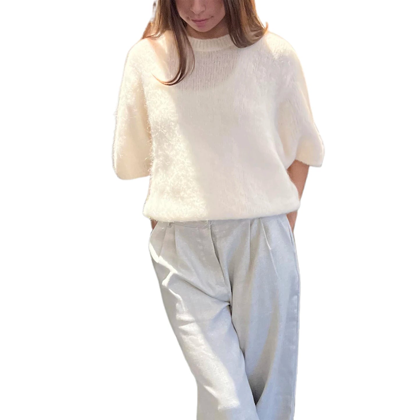 Damen Frühling Herbst Strickpullover Halbarm O Hals Einfarbig Lässige Strickwaren