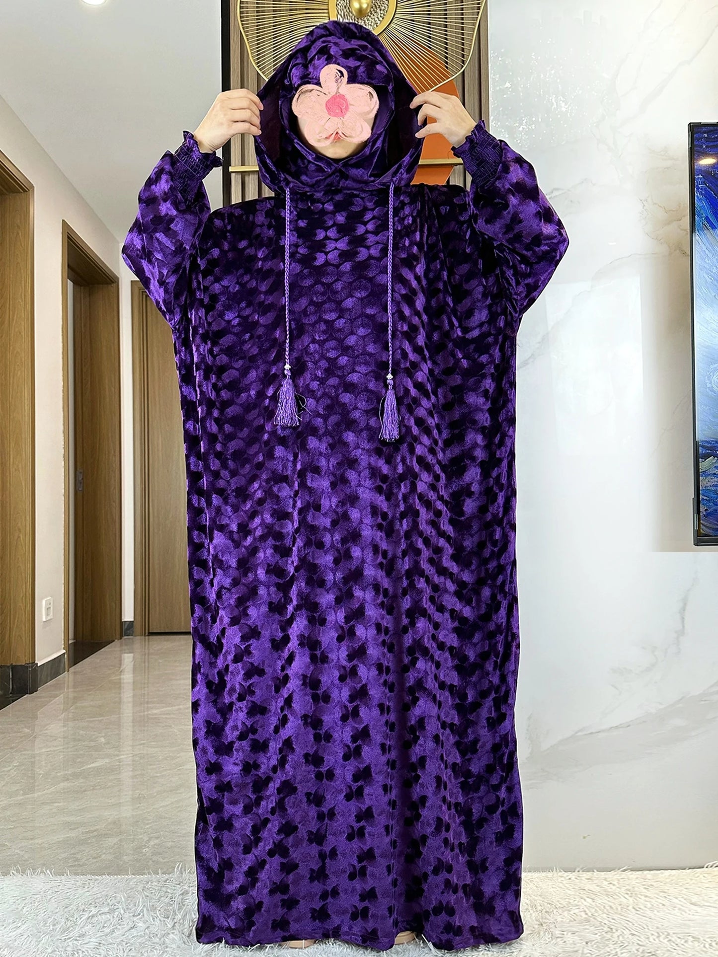 High Quality Velvet Fabric 2025 Ramadan Muslim Lady's Abaya Two-Hats Dubai Turkey Style Islamic Prayer Clothing Kaftan Dress.