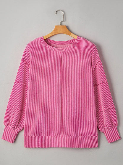 GIBSIE Plus Größe Einfarbig Rippen langarm Sweatshirt Frauen 2025, Herbst Oansatz Casual Lose Passenden Damen Pullover Top.