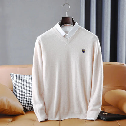 Soft Warm Pullover Cashmere Sweater Men's V Neck Thickened Classic Tops Autumn Winter New  Casual Solid Color Knitted Pullover.