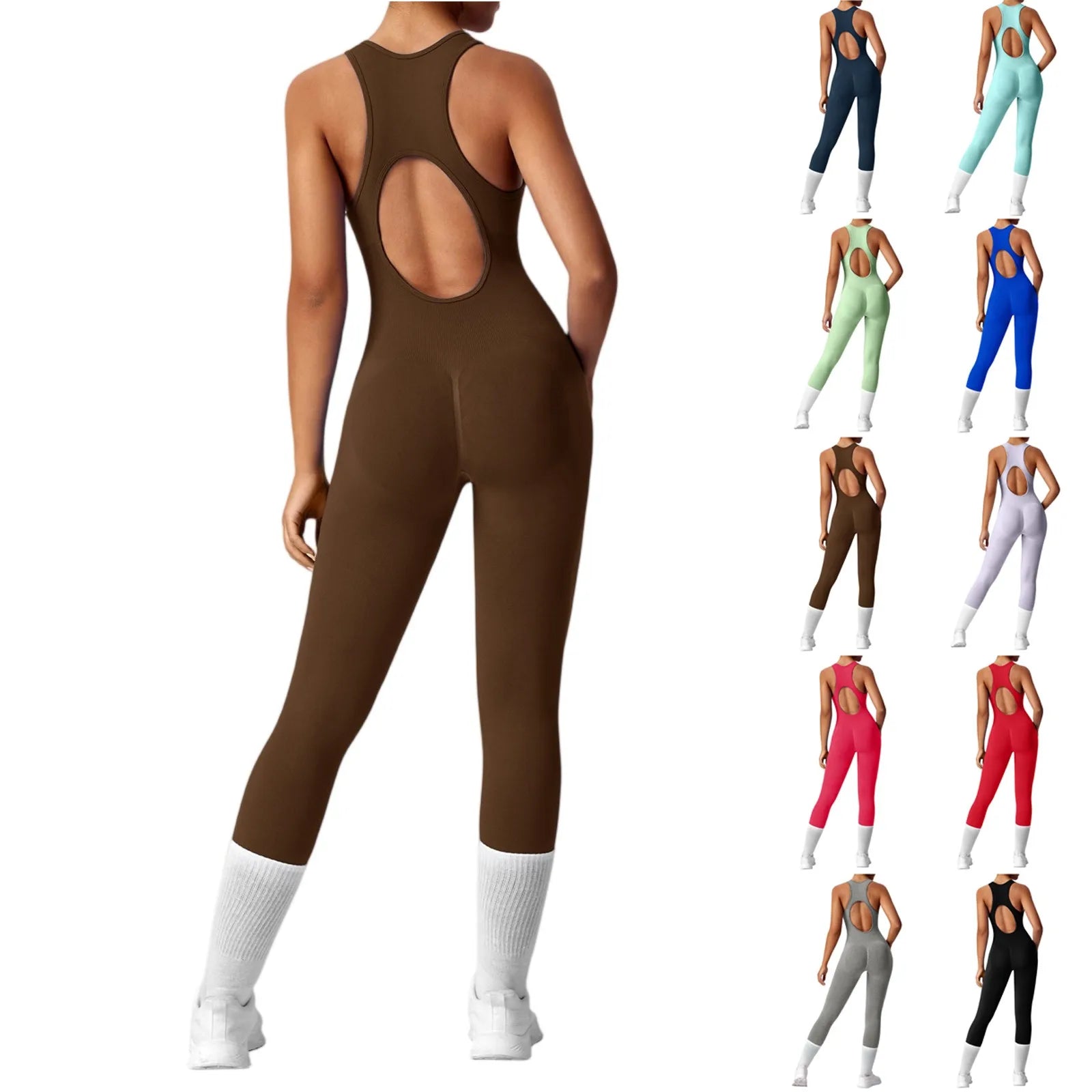 Ladies' Fashion Solid Color Round Neck Tight Yoga Jumpsuit Breathable Sleeveless Front Zipper Soft and Comfy Fitness Clothes.