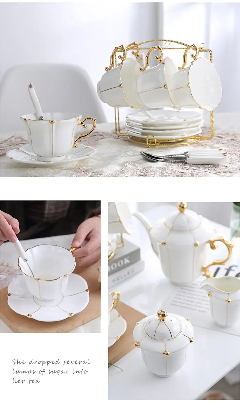 Gold Pearl Bone China Coffee Set British Porcelain Tea Luxury Ceramic Pot Creamer Sugar Bowl Teatime Teapot Cup Mug.