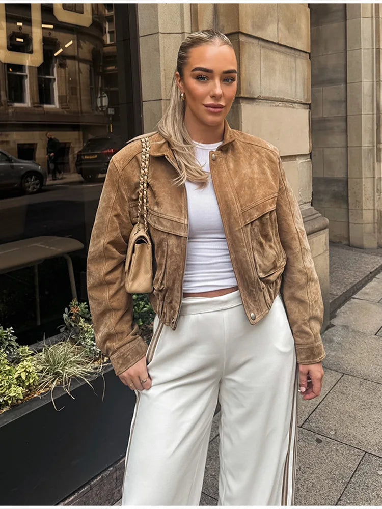 Retro-Jacke, modisch, Frühling und Herbst, lässig, lockere Tasche, langärmelig, trendig, cool, vielseitig, hochwertige Damen-Kurzjacke.