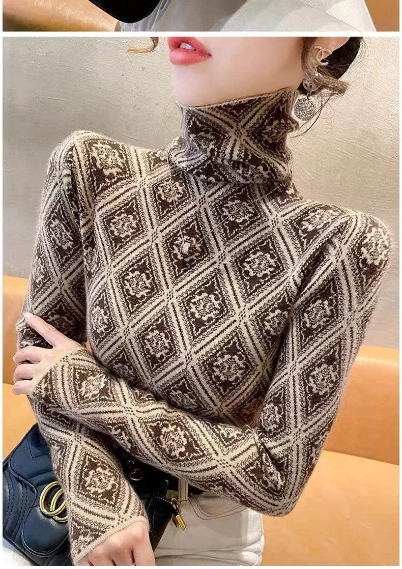 Frauen Kleidung Mode Rollkragen Argyle Stricken Pullover Herbst Winter Elegante Chic Schlanke Langarm Pullover Büro Dame Y2K Top.