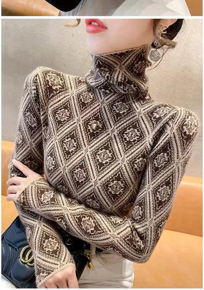 Frauen Kleidung Mode Rollkragen Argyle Stricken Pullover Herbst Winter Elegante Chic Schlanke Langarm Pullover Büro Dame Y2K Top.