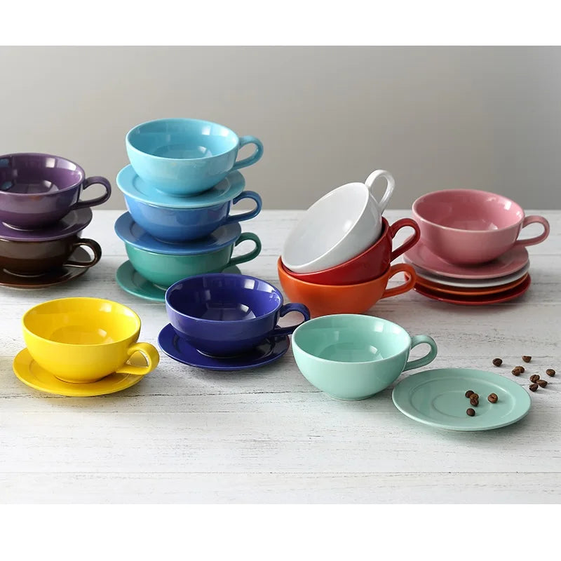 New Design Colourful Coffee Set Coffee Cup and Saucer Underglazed Low Procelain Cappuccino Latte Cup 250ml.