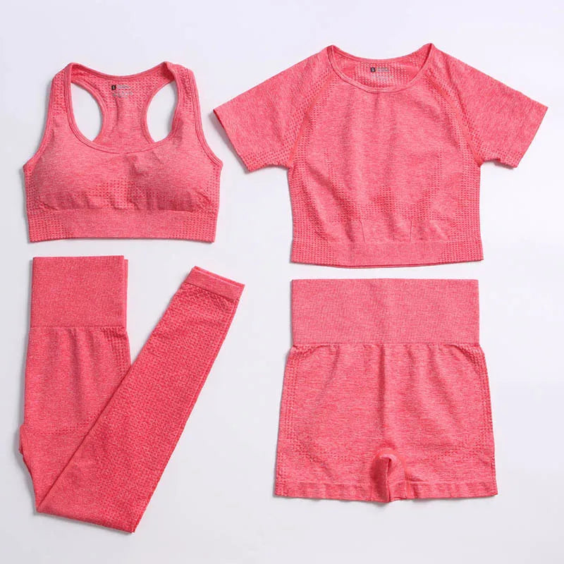 2/4PCS Summer Seamless Yoga Set Women Workout Clothes Sports Bra Short Sleeve Crop Top High Waist Legging Fitness Sports Suits