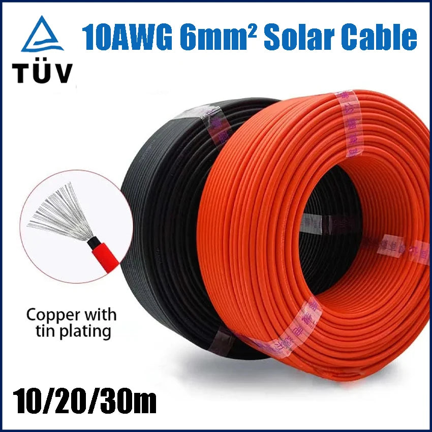 6mm2 10AWG Solar Photovoltaic Cable Tinned Copper Double Layer Insulation PVC TUV Cable For PV Panels Connection.