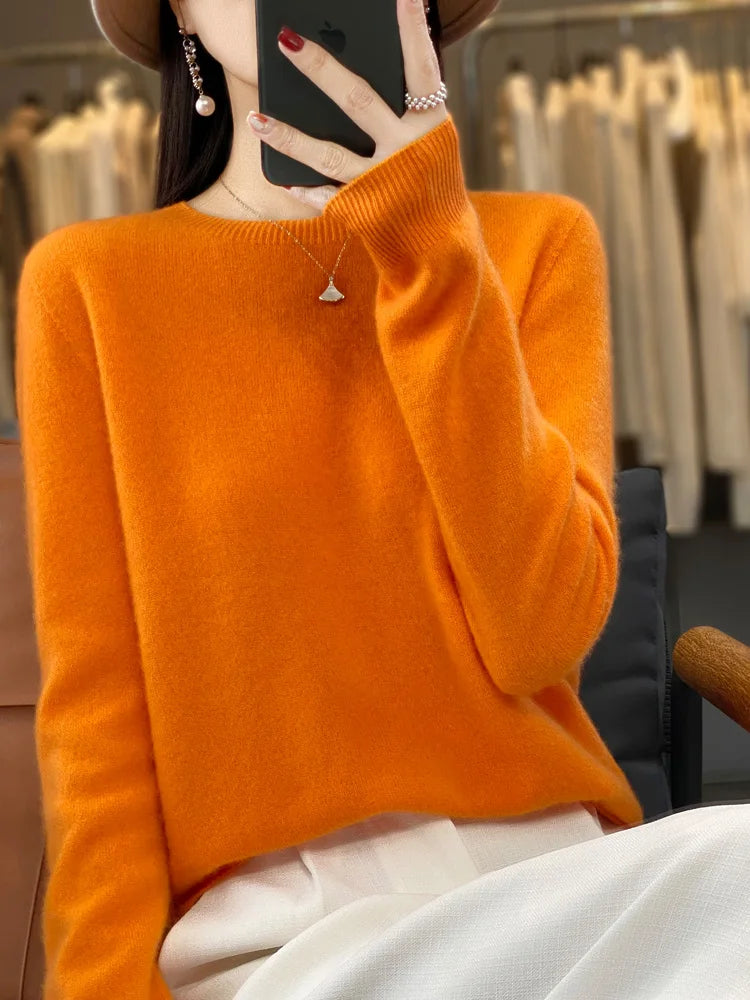 100% Merino Wool Sweater Women O-neck Cashmere Knitwear Female Pullover Autumn Winter Casual Tops Solid Color Soft  Clothing