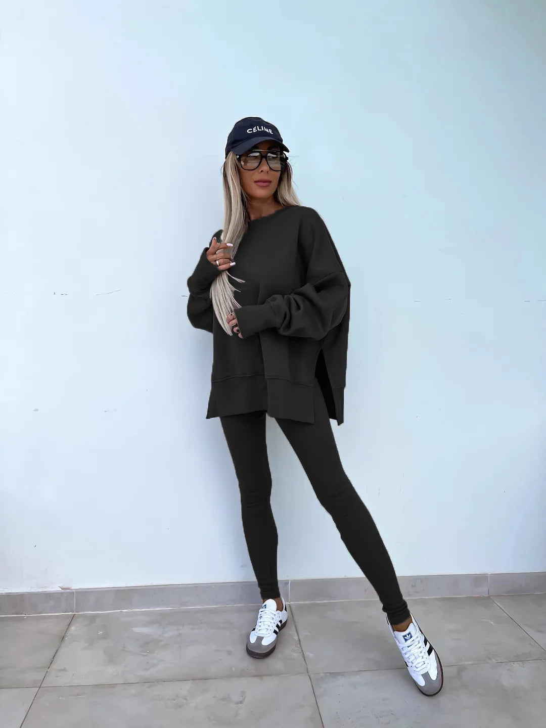 Women Pant Sets Two Pieces Tracksuit Solid Loose Sweatshirts Split Pullover Pencil Pants High Street Autumn Winter 2024