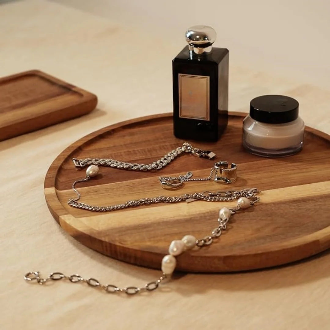 Round Wooden Decorative Serving Tray for Coffee Table and Home Decor, Round Wood Tray for Table Centerpiece, Small Candle Tray.