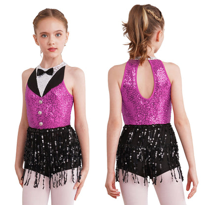 Kind Mädchen Ärmellose Glänzende Pailletten Quaste Boyshorts Kleid Latin Jazz Dance Cha-cha Samba Bühne Leistung Kostüm Dancewear.