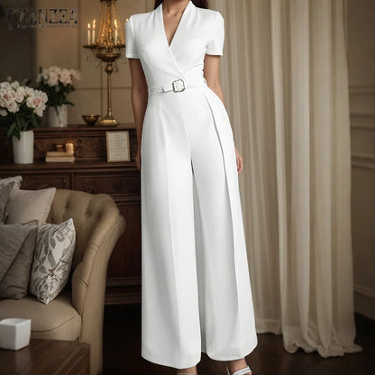 ZANZEA Street Fashion High Waist Jumpsuits Women Workwear Belt Rompers Solid Deep V Neck Elegant Office Lady Long Overalls.