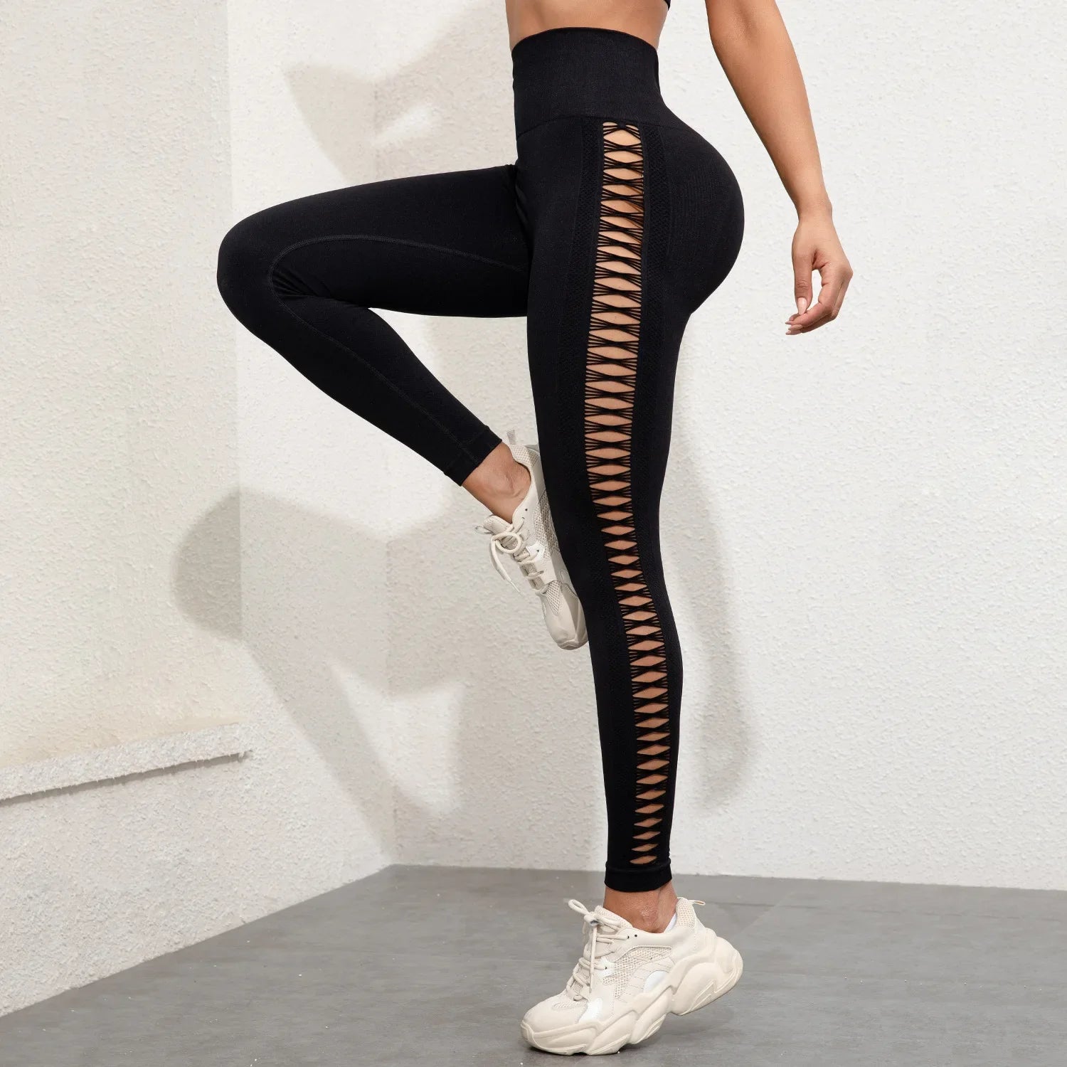 Hohe Taille, ausgehöhlte Yogahose, leichte, atmungsaktive Fitness-Sport-Leggings, Bauchkontrolle, Po-Lifting, Damenhose.