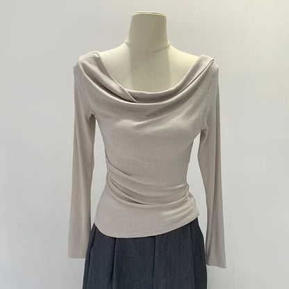 Off-The-Shoulder Long Sleeve T-Shirt Women's Early Autumn New Slimming Design Korean Style Sweet And Spicy Fashion Tops.