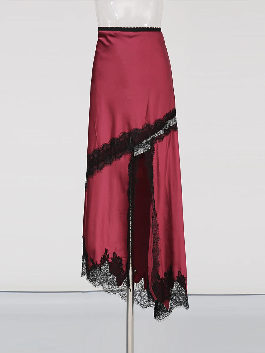 TWOTWINSTYLE Colorblock Slimming Fashion Midi Skirts for Women Patchwork Lace Temperament Skirt Female Elegant Clothing Style