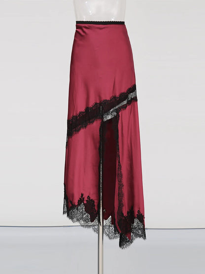 TWOTWINSTYLE Colorblock Slimming Fashion Midi Skirts for Women Patchwork Lace Temperament Skirt Female Elegant Clothing Style