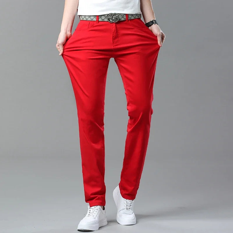 98% Cotton 4 Colors Stretchy Jeans Men's Mid-waist Straight Pencil Denim Trousers Brand Clothing Personality Fashion Male Pants.