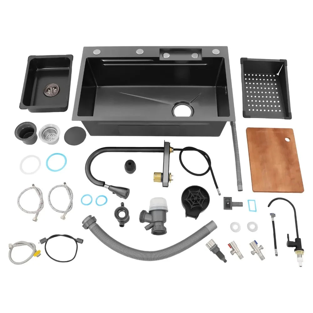 Küchenspüle aus Edelstahl, 70 x 35 x 20 cm, versenkte Spüle mit vier Auslassmodi, Küchenspüle-Set mit Schneidebrett