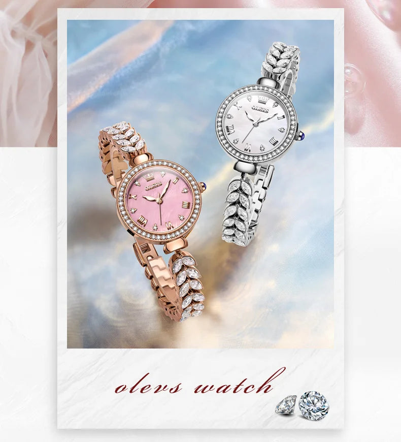 OLEVS 9971 Women's Watches Elegant Fashion Original Wristwatch Waterproof  Fish Bone Strap Luminous Hand Diamond Bezel Reloj.