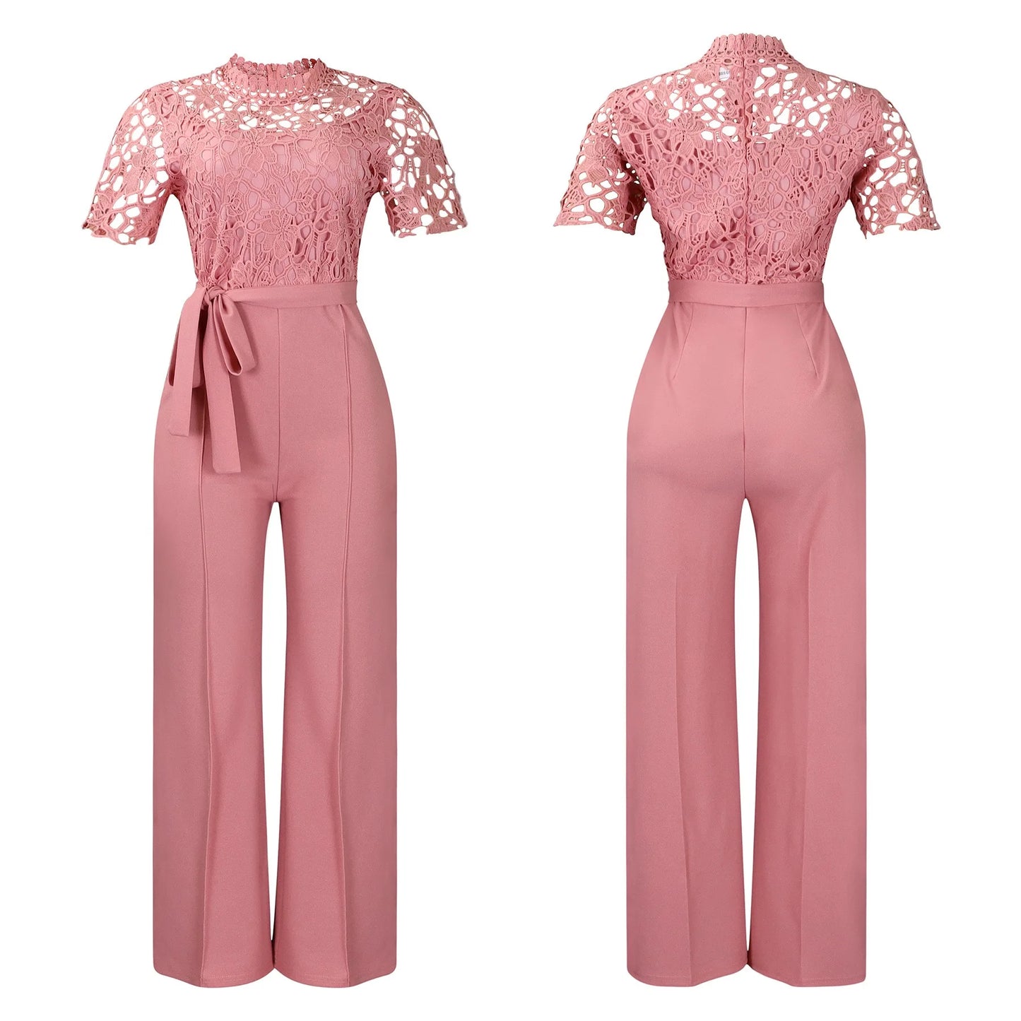 Elegant Jumpsuits & Rompers for Women O Neck Lace Patchwork Short Sleeve Sashes High Waisted Luxury Birthday Party Dinner Outfit