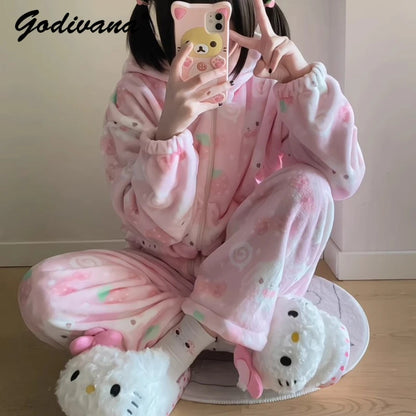 Japanese New Winter Sweet Cute Cartoon Rabbit Flannel Pajamas Set Daughter Girls Pink Thickened Loungewear Women's Sleepwear.