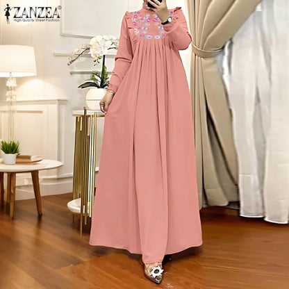 2025 Autumn Muslim Dresses Abaya ZANZEA Women Elegant Long Sleeeve Floral Dress Dubai Robe IsIamic Clothing Maxi Long Sundress.