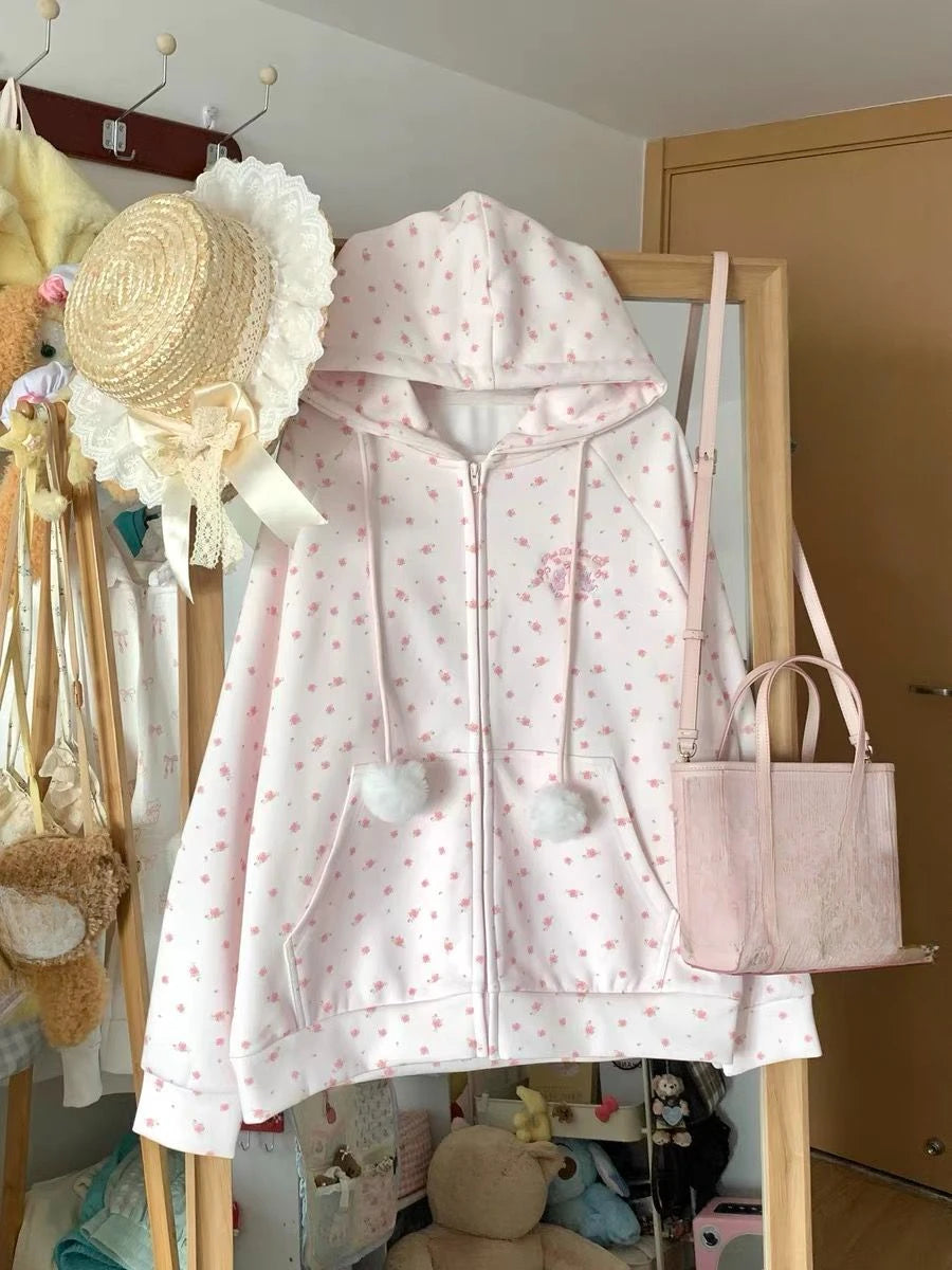 Japanese Kawaii Print Hooded Coats Women Sweatshirts Harajuku Printed Jacket Aesthetic Grunge Blouse Subculture Cute Y2k Tops.