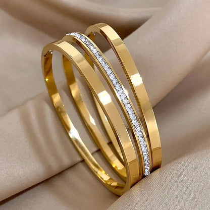 3pcs Glossy Rhinestone Stainless Steel Bangle Bracelet for Women Luxury Gold Silver Color Wristband Bracelet Waterproof Jewelry.