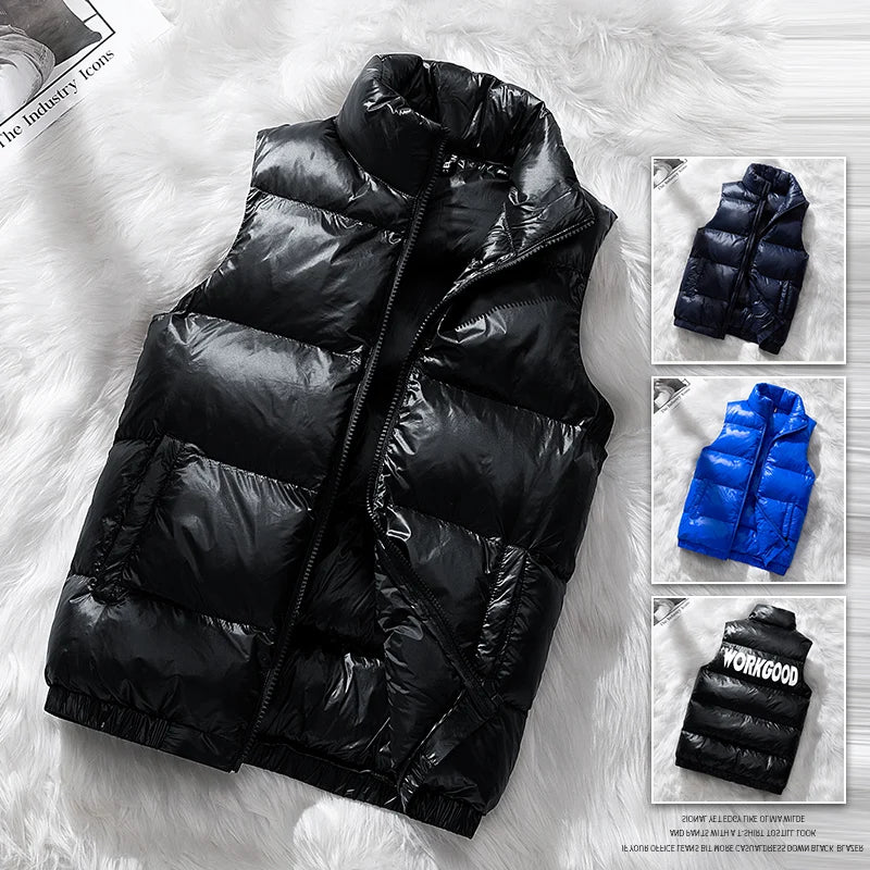 Vest Winter Hooded Glossy Cotton Vest Casual Waistcoat Men's Sleeveless Jacket Warm Overcoats Zipper Solid Color Mens Warm Vests.