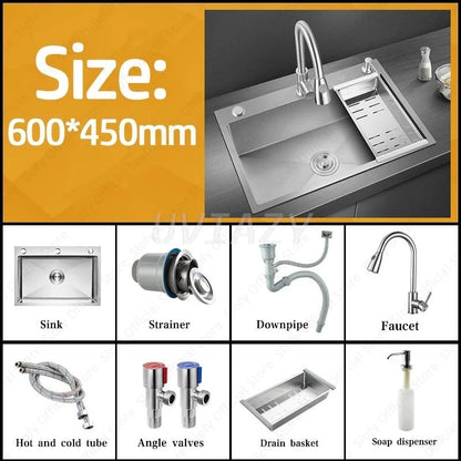 Handgefertigtes silbernes Küchenspülbecken aus Edelstahl 304, herunterziehend, Einzelschüssel-Waschbecken mit Abflussset