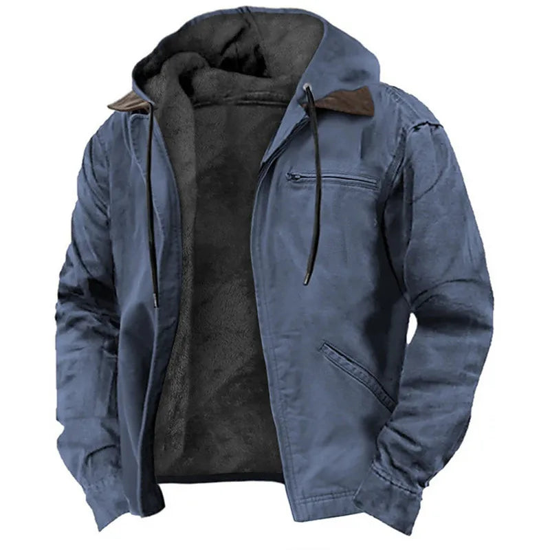 Winter New Men Casual Jackets Hooded Zipper Pocket Fashion Solid Color Fleece Warm Outerwear Male Outdoor Hooded Hoodie Coats.