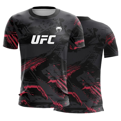 Men's UFC Fashion Short Sleeve Gym Running Round Neck T-Shirt MMA Training Exercise Gym Sport Tops Lightweight Player Jersey.