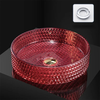 Luxuriöses Waschbecken aus Kristallglas, Badezimmer-Waschbecken, rosa Arbeitsplatte, Kunstbecken, rundes Mini-Schüsselbecken, Waschraum-Waschbecken mit Wasserhähnen
