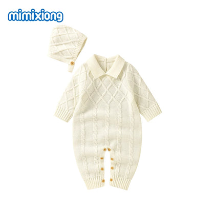 White Baby Girl Rompers Clothes Winter Long Sleeve Knitted Newborn Infant Boy Jumpsuits Hats Outfits Sets 0-18m Toddler Playsuit