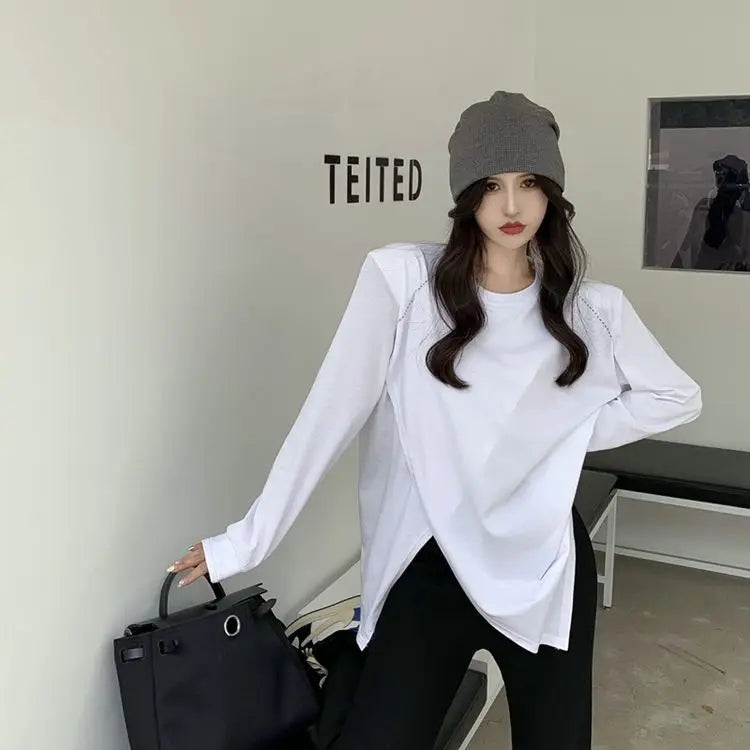Long Sleeve Slit Hem Loose Lazy Style Tops Spring Autumn Solid Simplicity Street Casual T Shirts Fashion Korean Women Clothing.