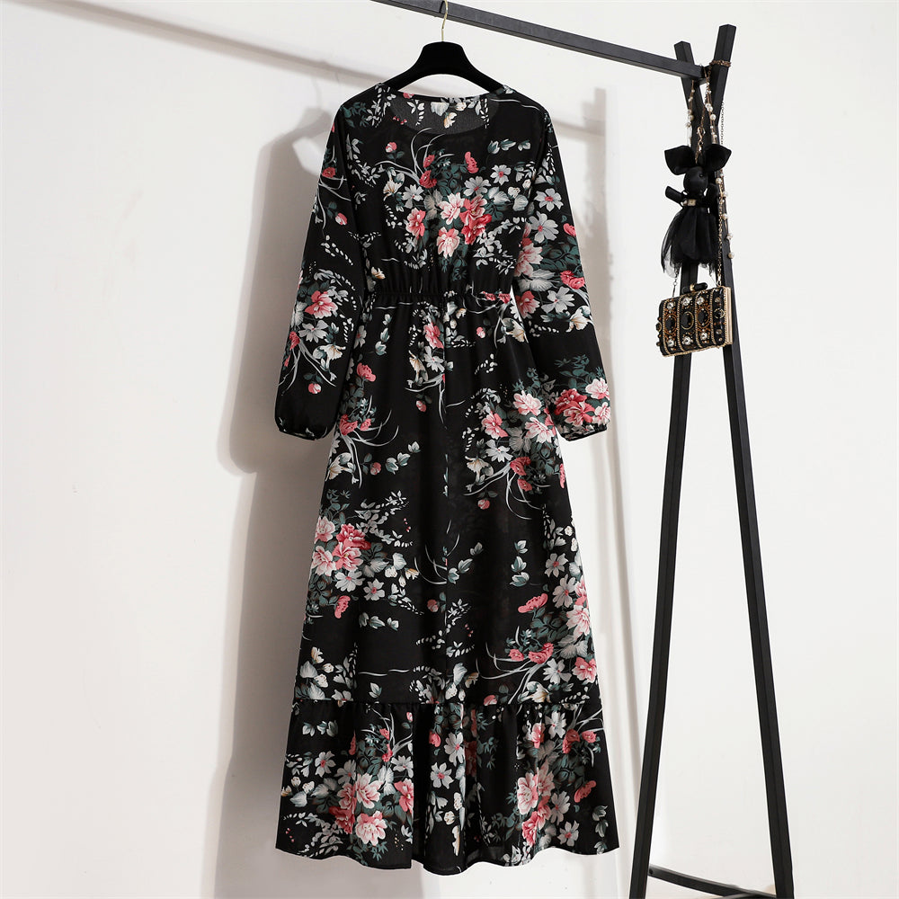 Frühling Sommer Frauen Maxi Kleider Casual Volle Hülse Floral Gedruckt Oansatz Frau Bohe Strand Party Lange Kleid Mujer Vestidos