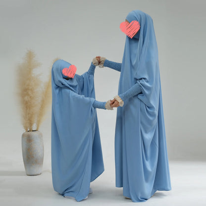 Ramadan Muslim Robe 2 Piece Set Mommy & Kids Prayer Garment Hijab Dress Women Girls Hooded Abaya Niqab Islam Dubai Eid jilbab.
